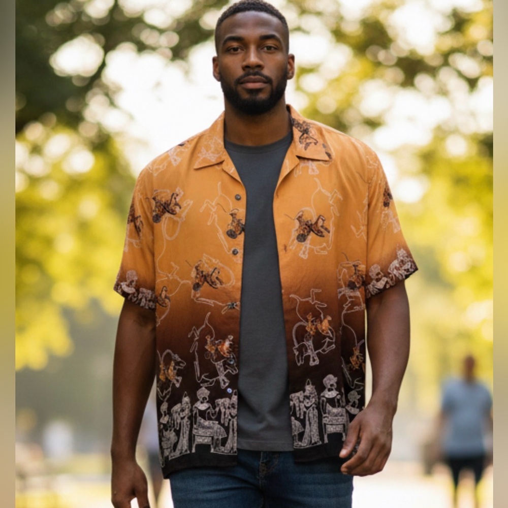 Vintage 90’s Egyptian Chariot All Over Print Shirt Orange/Brown Mens Size XL